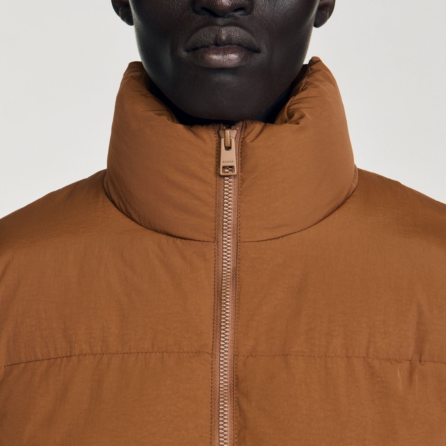 Sandro Hooded puffer with high collar Cognac
