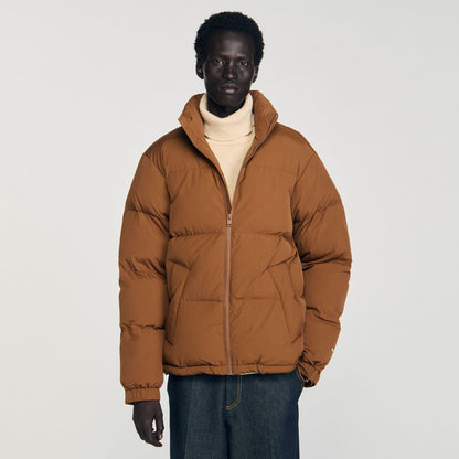 Sandro Hooded puffer with high collar Cognac