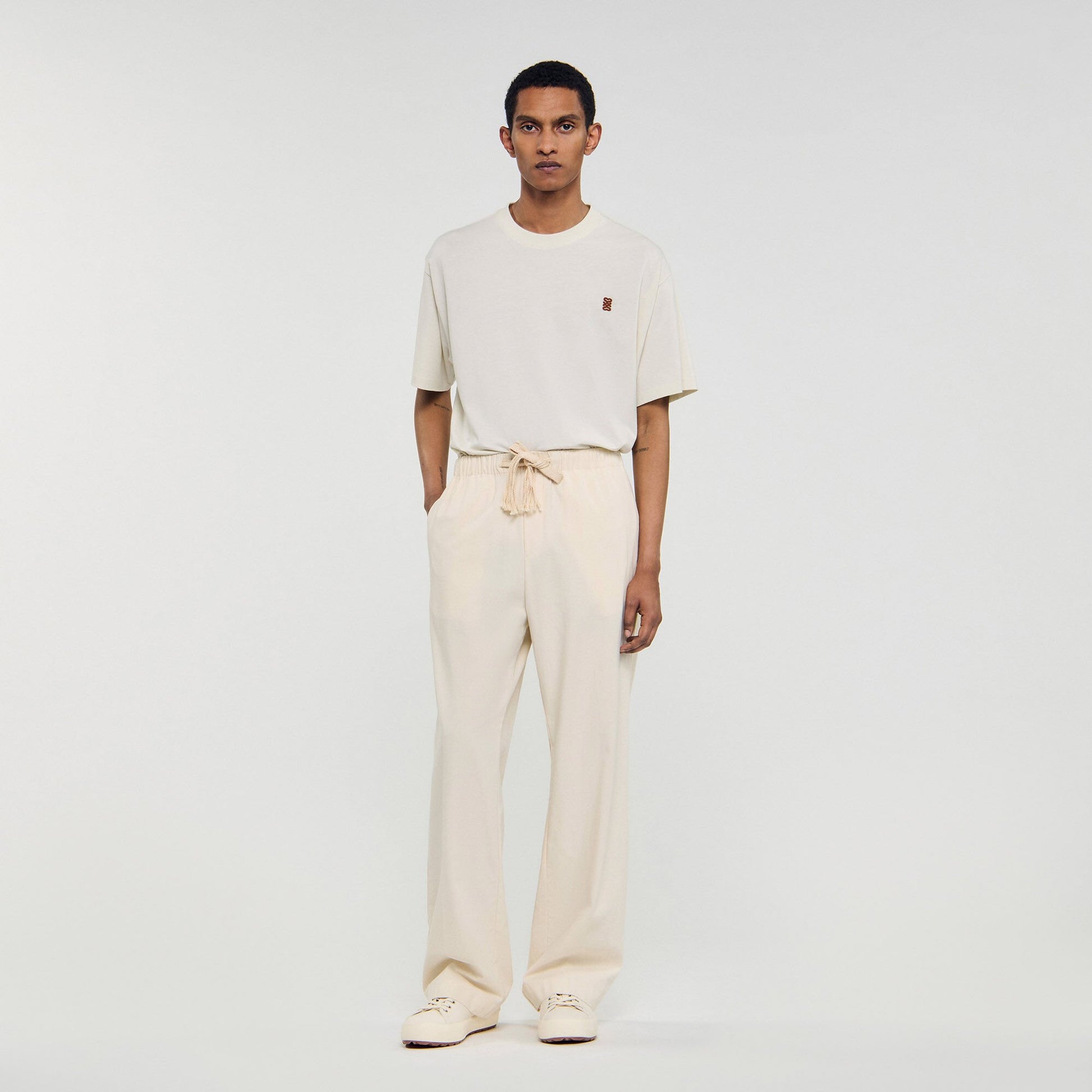 Sandro Wide-leg elasticated cotton trousers Butter Cream