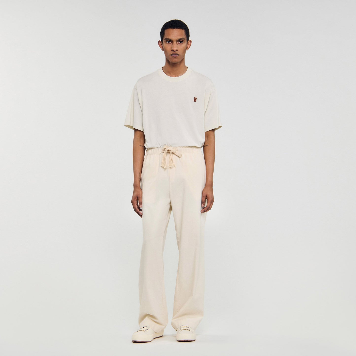 Sandro Wide-leg elasticated cotton trousers Butter Cream