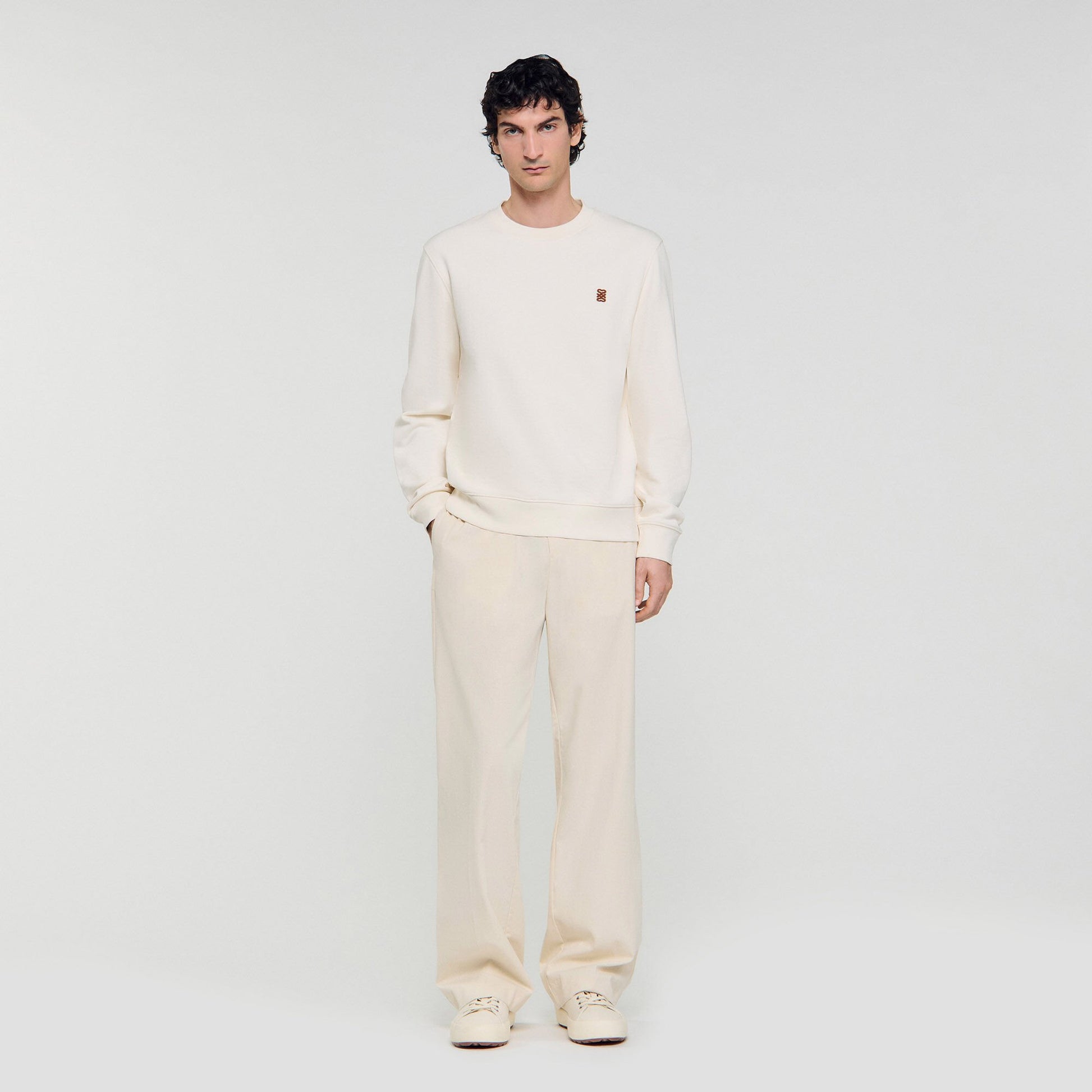 Sandro Oversized sweatshirt with leather patch Butter Cream