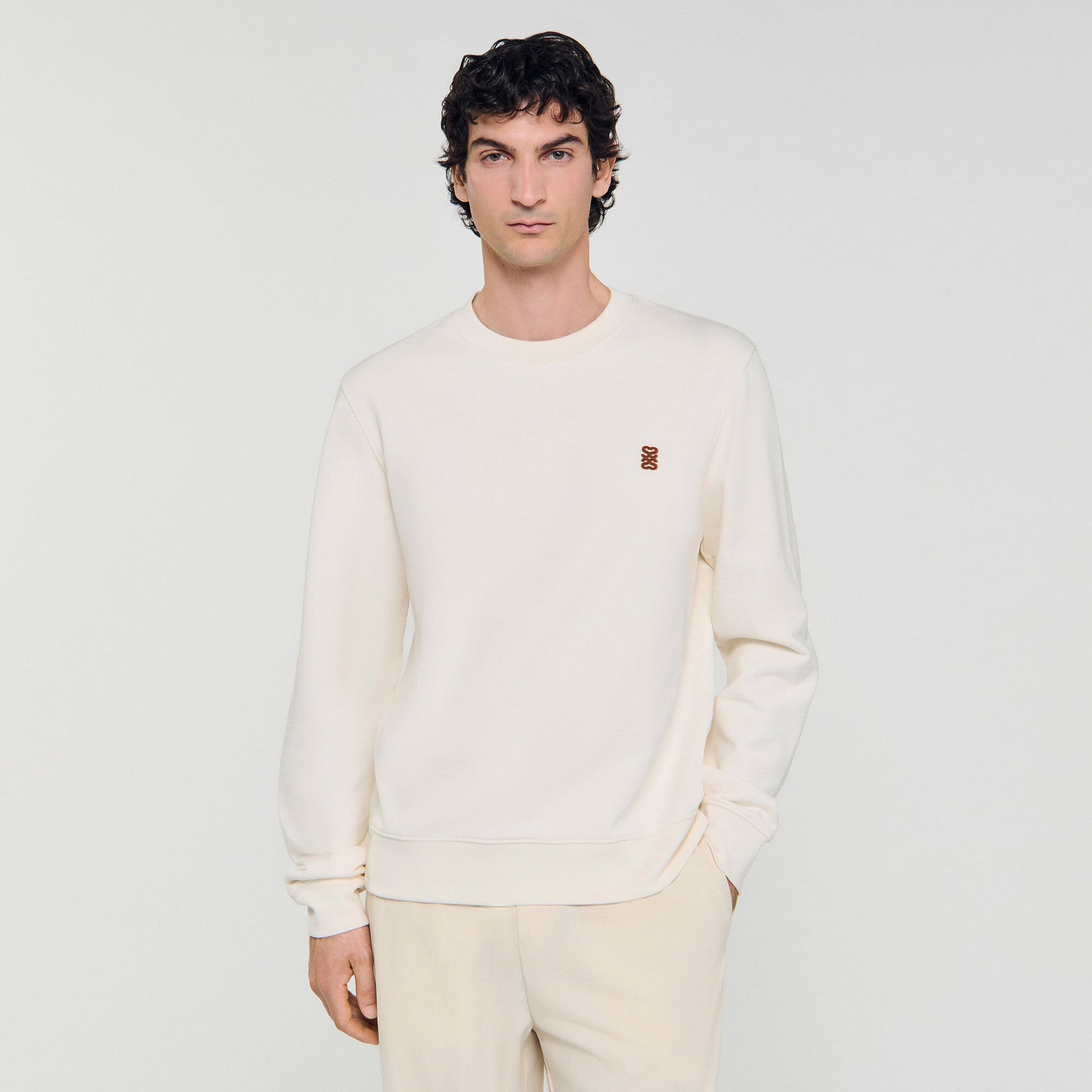 Sandro Oversized sweatshirt with leather patch Butter Cream