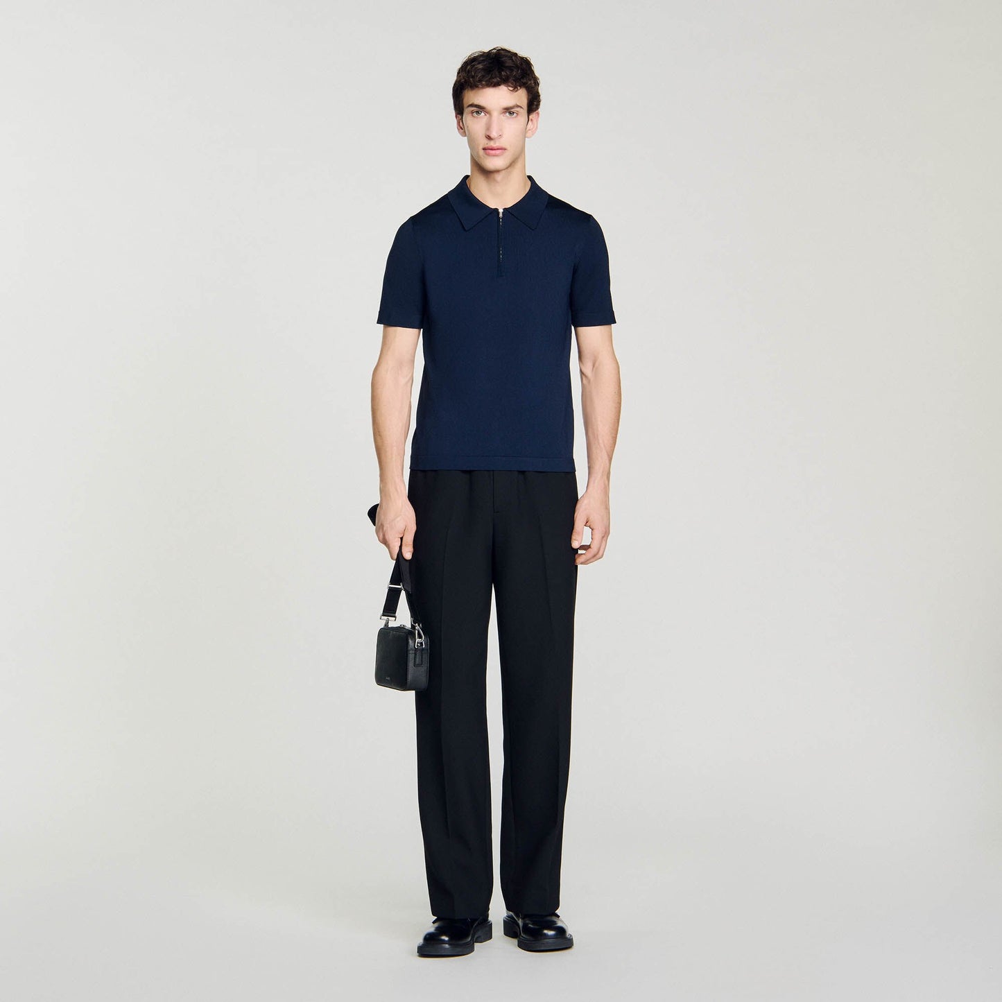Sandro Knitted polo shirt with zip collar Navy Blue