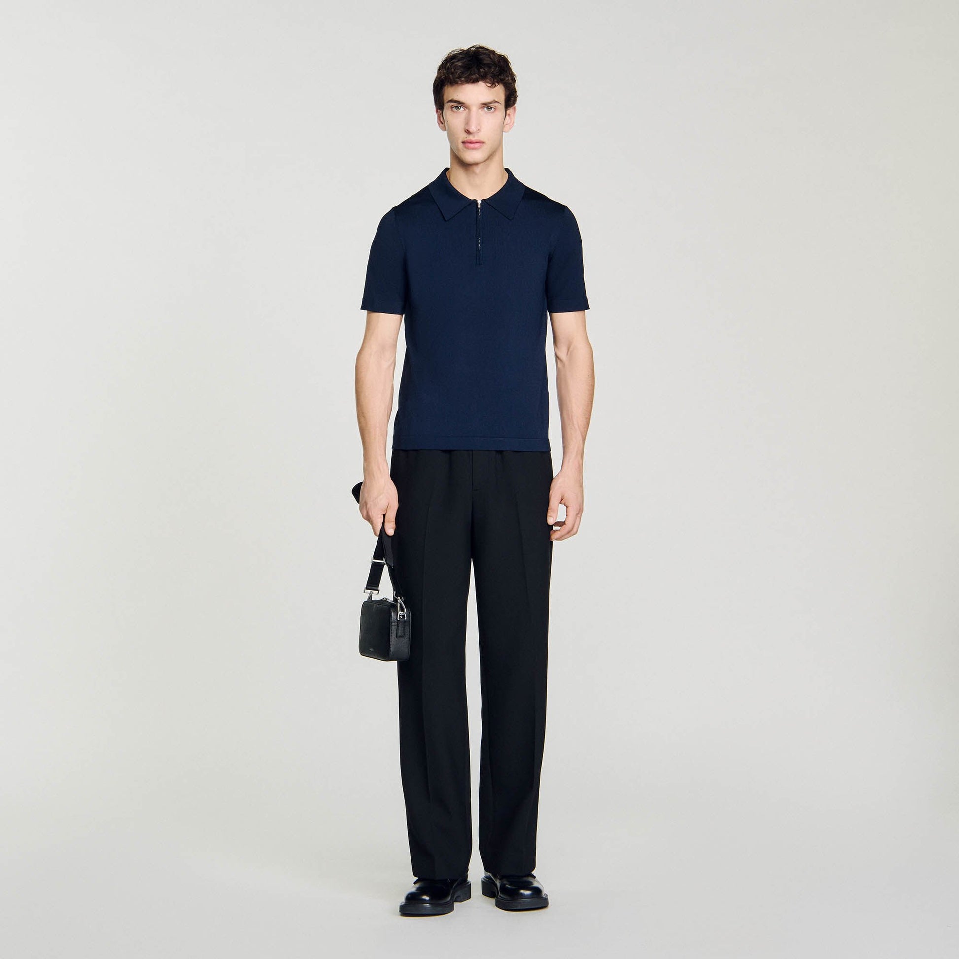 Sandro Knitted polo shirt with zip collar Navy Blue
