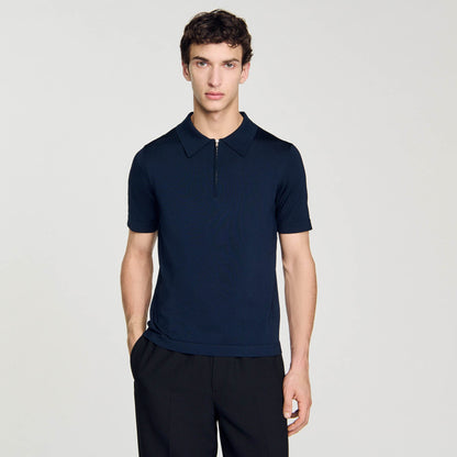 Sandro Knitted polo shirt with zip collar Navy Blue