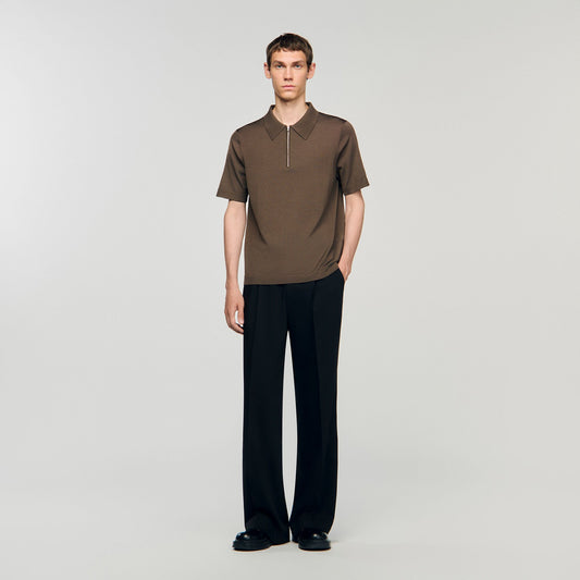 Sandro Knitted polo shirt with zip collar Caramel