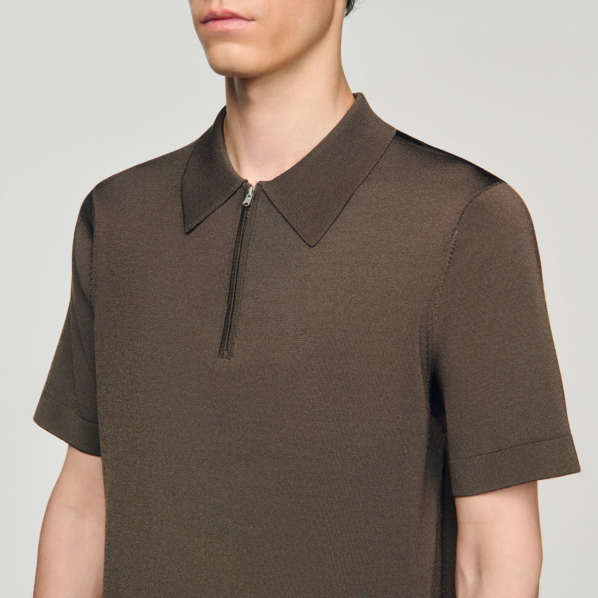 Sandro Knitted polo shirt with zip collar Caramel