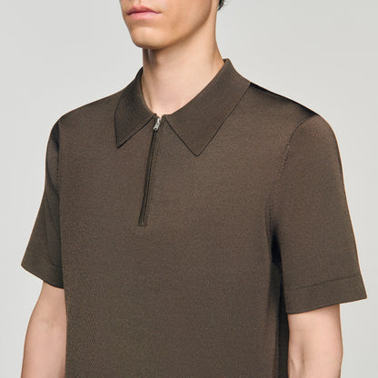Sandro Knitted polo shirt with zip collar Caramel