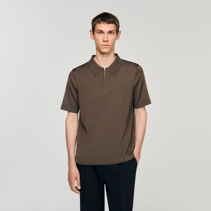 Sandro Knitted polo shirt with zip collar Caramel