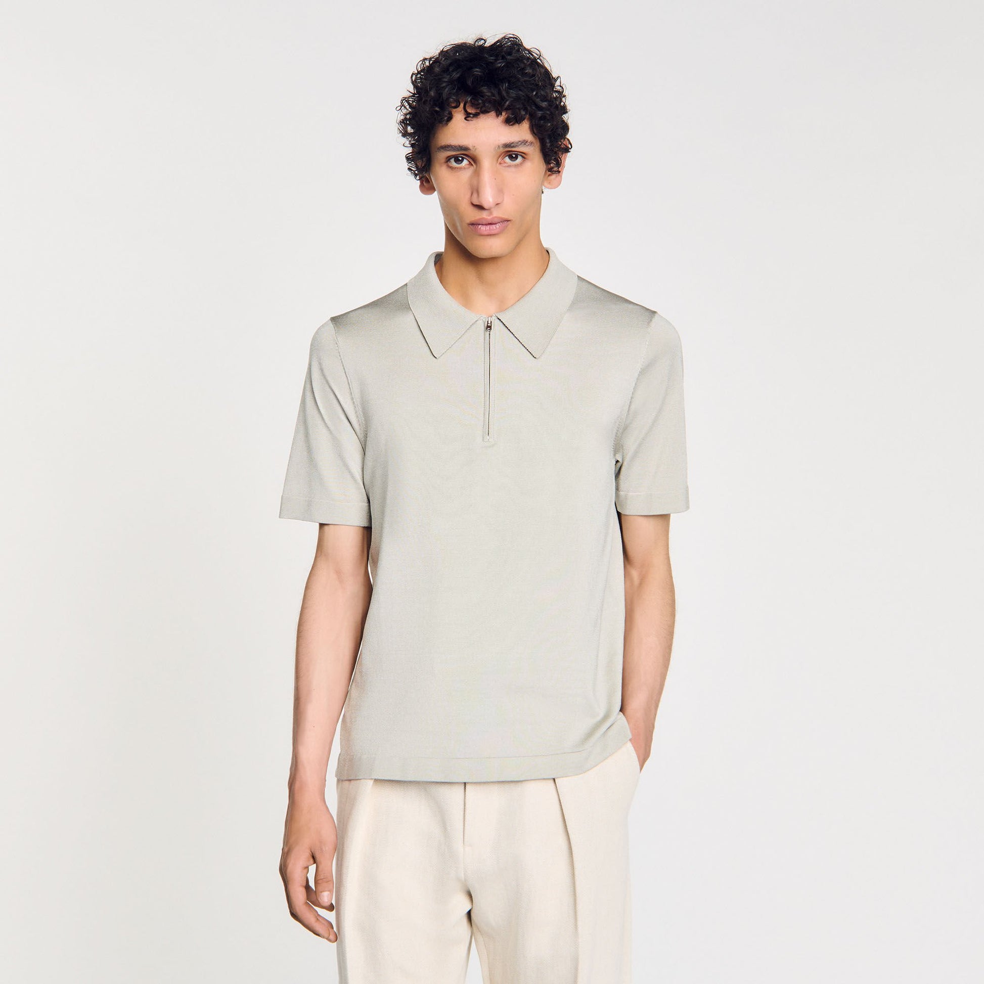 Sandro Knitted polo shirt with zip collar Steel