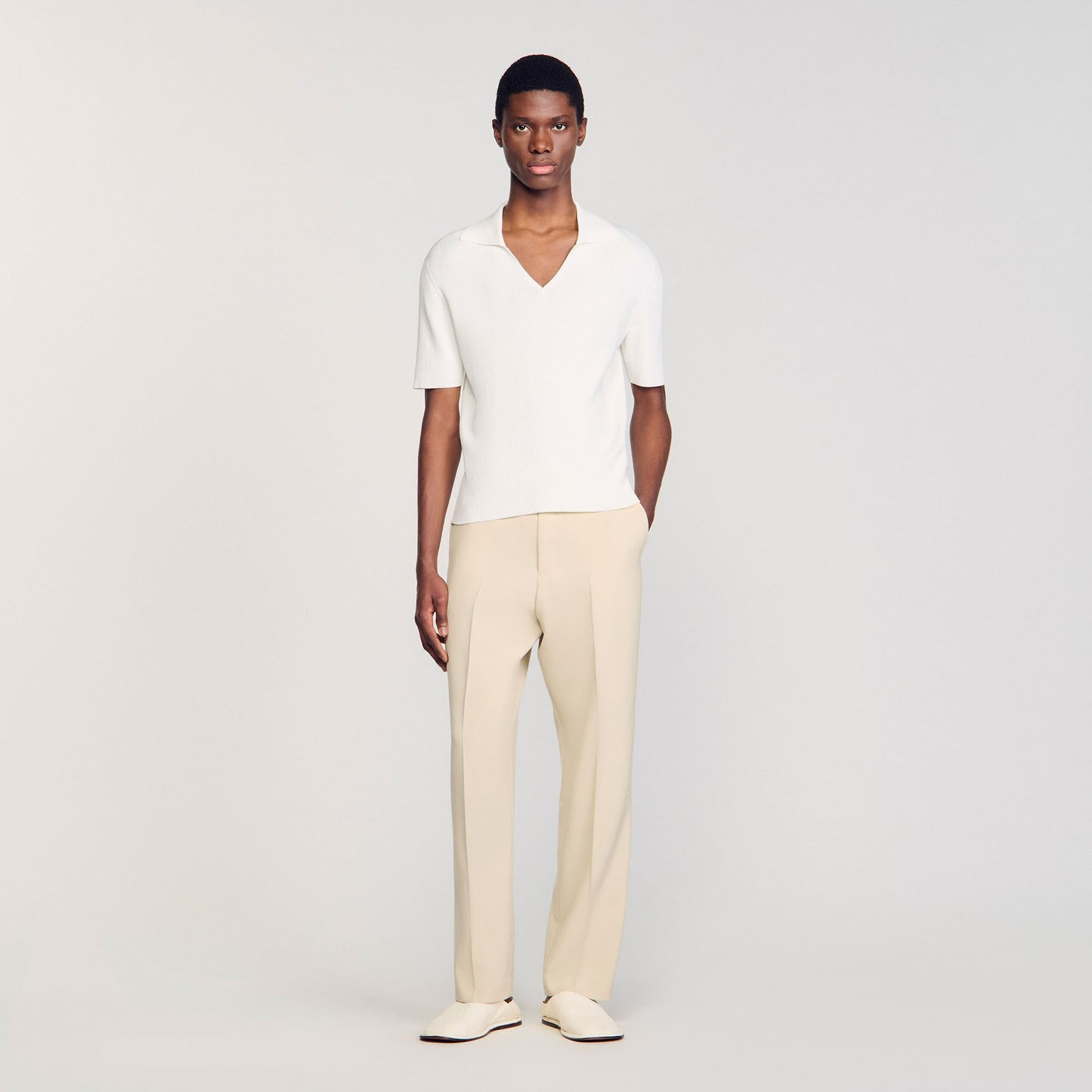 Sandro Rib knit polo shirt Optic White