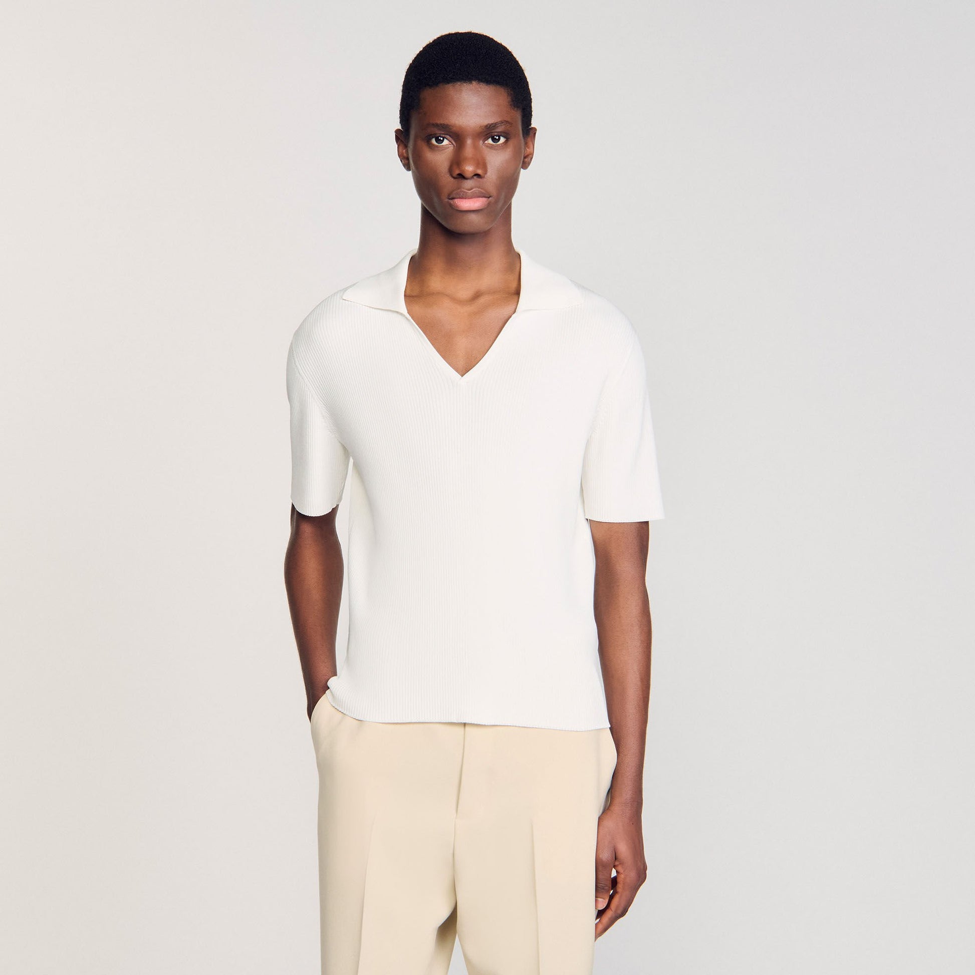 Sandro Rib knit polo shirt Optic White