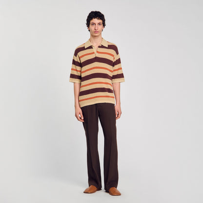 Sandro Striped knit polo shirt Nut