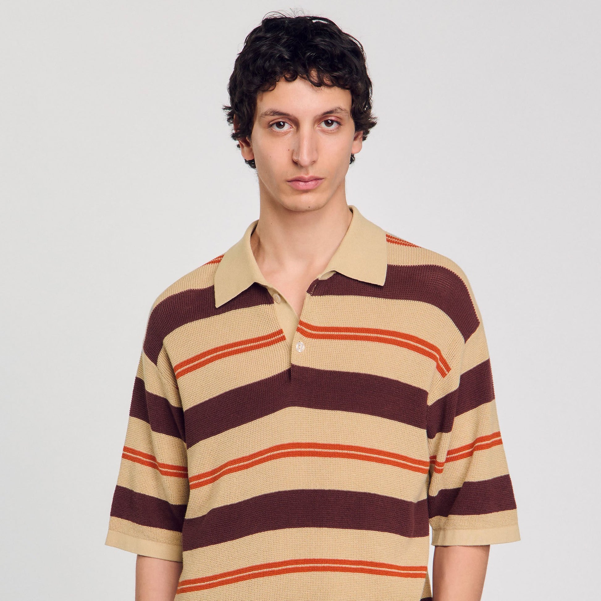 Sandro Striped knit polo shirt Nut