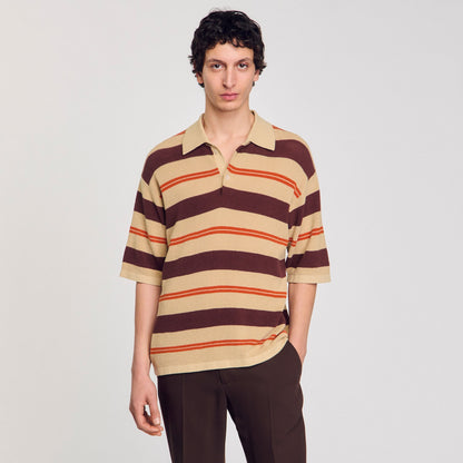 Sandro Striped knit polo shirt Nut