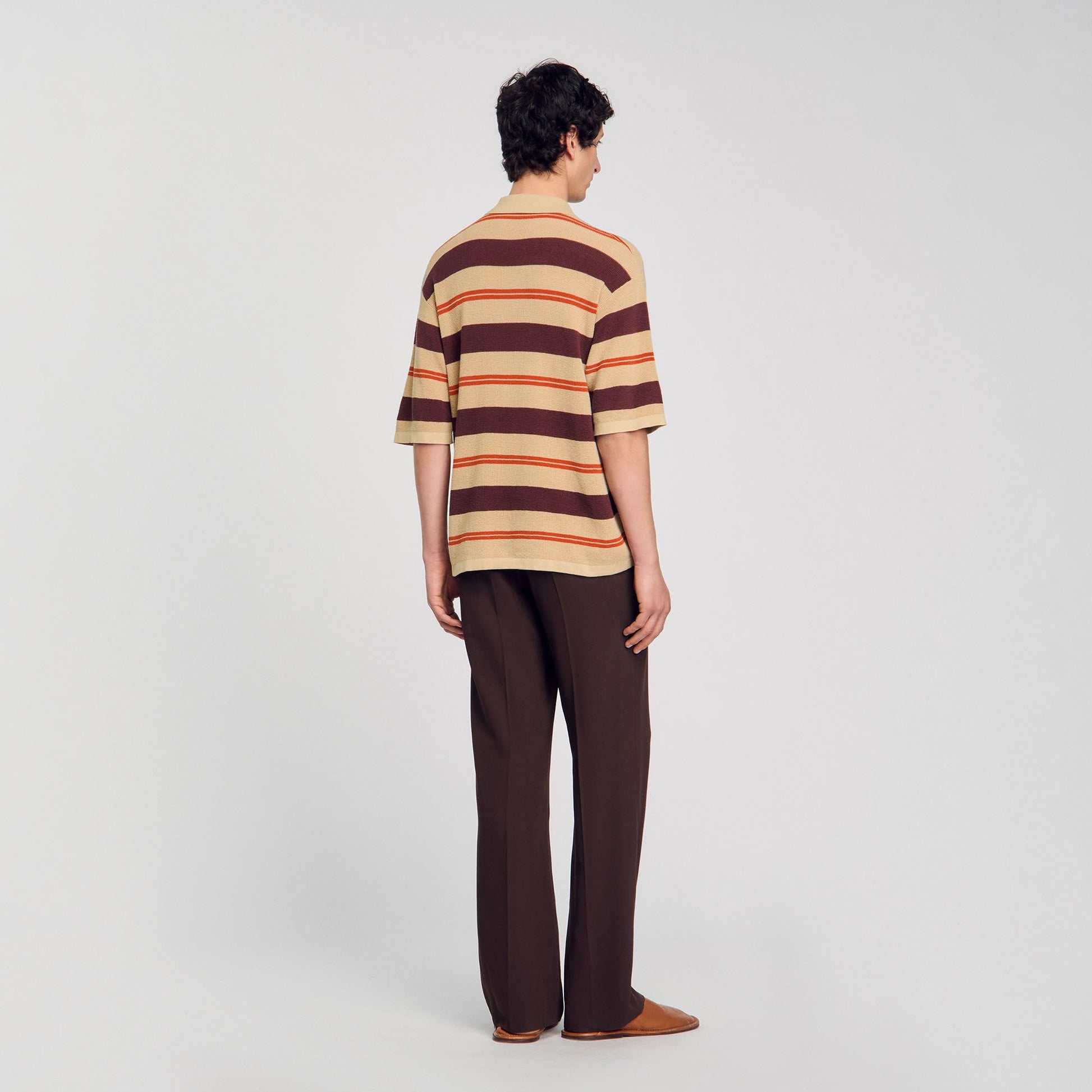 Sandro Striped knit polo shirt Nut
