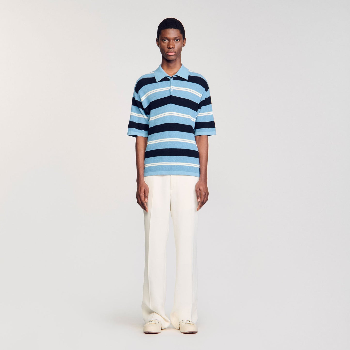 Sandro Striped knit polo shirt Chambray