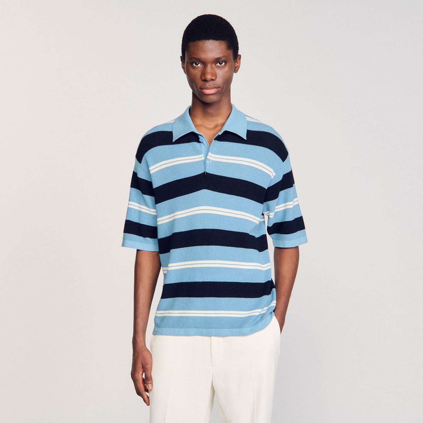 Sandro Striped knit polo shirt Chambray