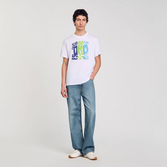 Sandro Wave print cotton T-shirt Optic White