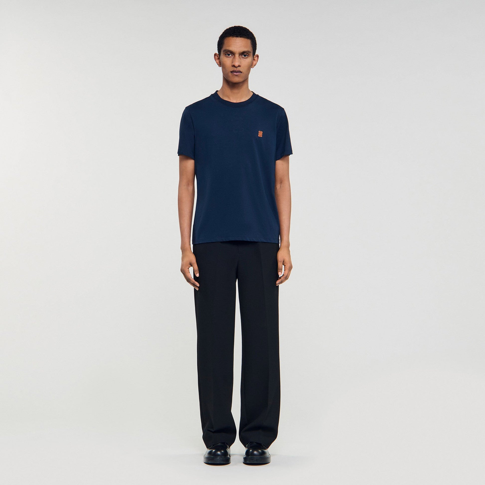 Sandro Leather logo T-shirt Navy Blue