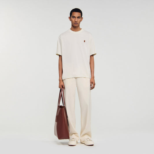 Sandro Leather logo T-shirt Butter Cream