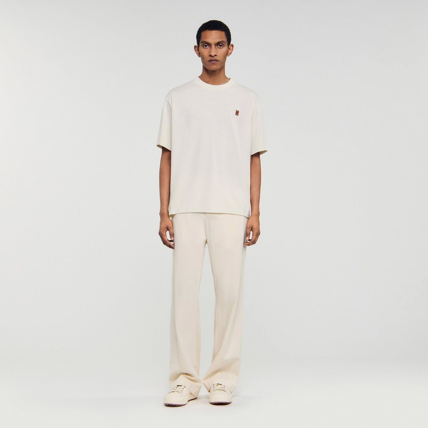 Sandro Leather logo T-shirt Butter Cream