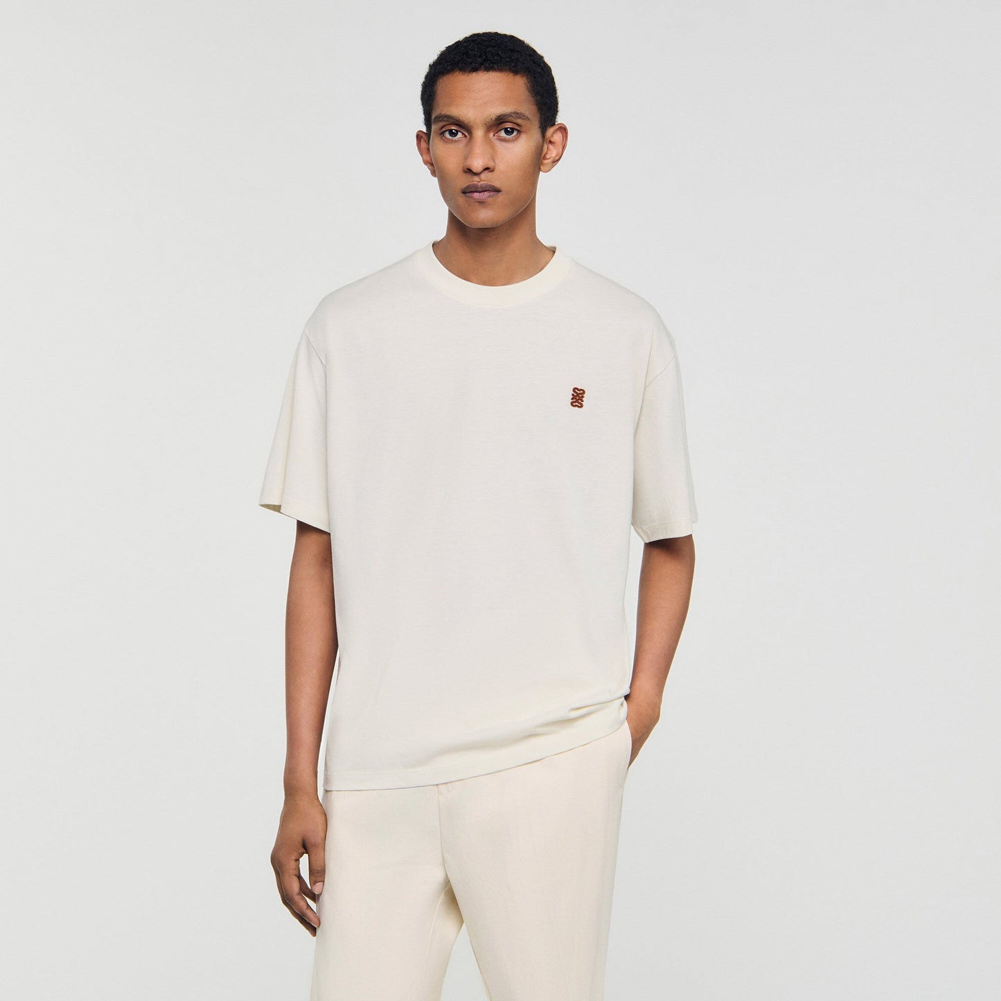 Sandro Leather logo T-shirt Butter Cream