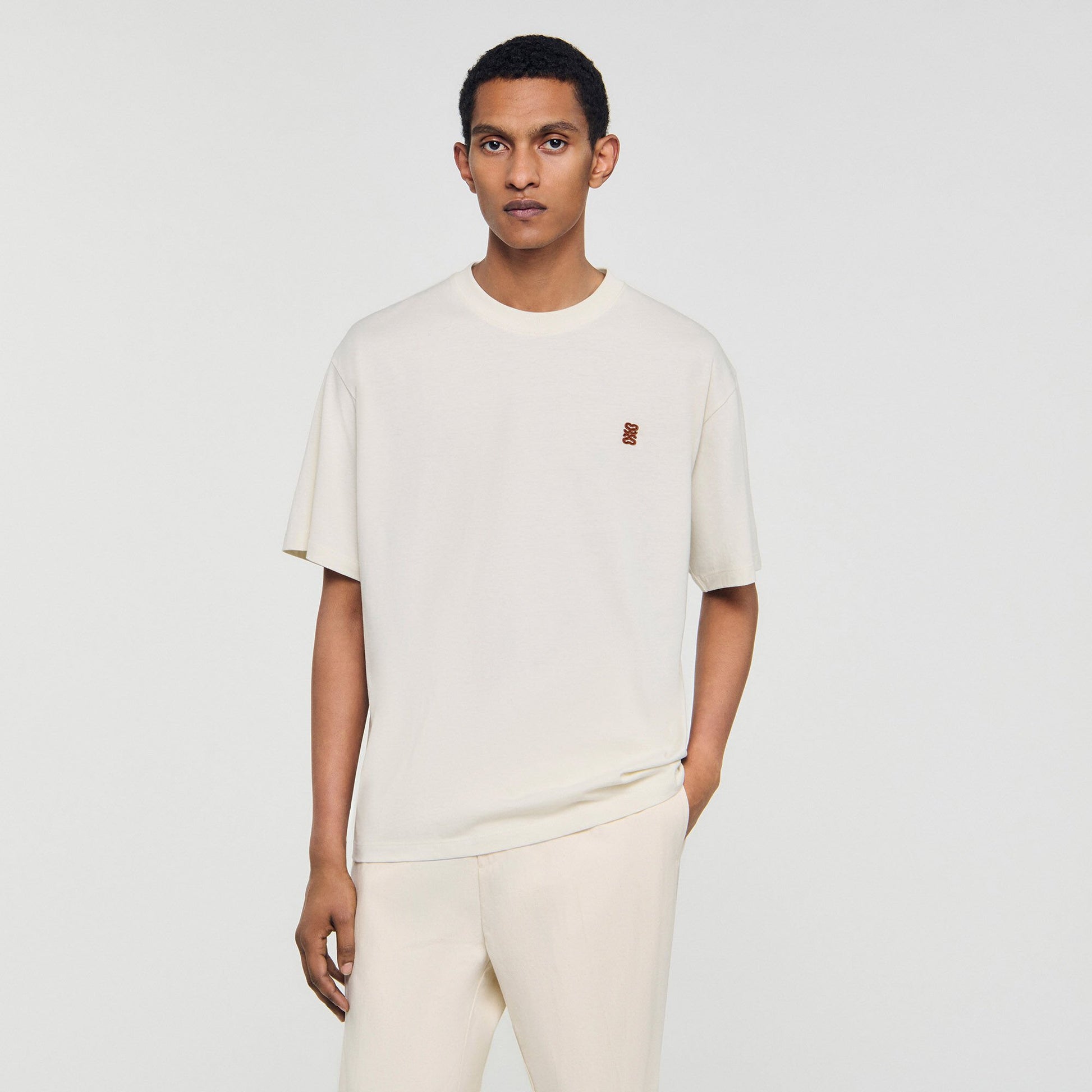 Sandro Leather logo T-shirt Butter Cream